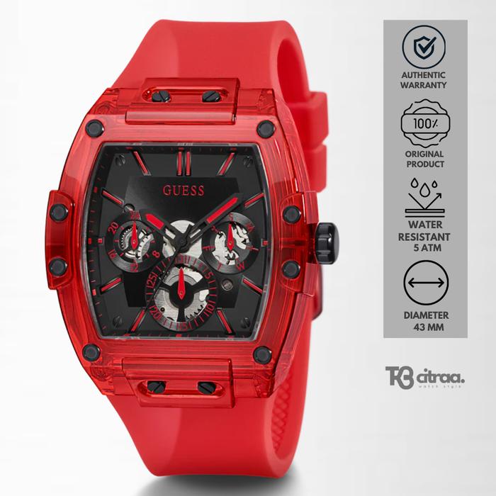 Jam Tangan Pria Guess Phoenix Chronograph Red Rubber Black Dial Sporty Casual Original GW0203G5