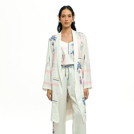 RTW STUDIO PREMIUM COLLECTION - Kimono Outer Lengan Panjang Wanita Print Mariana Ribbon White Ivory 