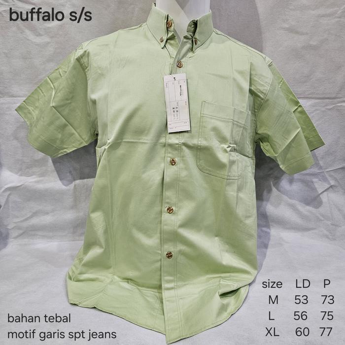 kemeja lengan pendek pria polos kantong bahan tebal premium hijau abu kuning biru muda buffalo