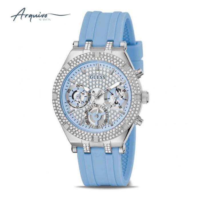 Jam Tangan Guess Wanita Heiress Chronograph Dual Tone Glitz Dial Blue Rubber Mewah Casual Original G