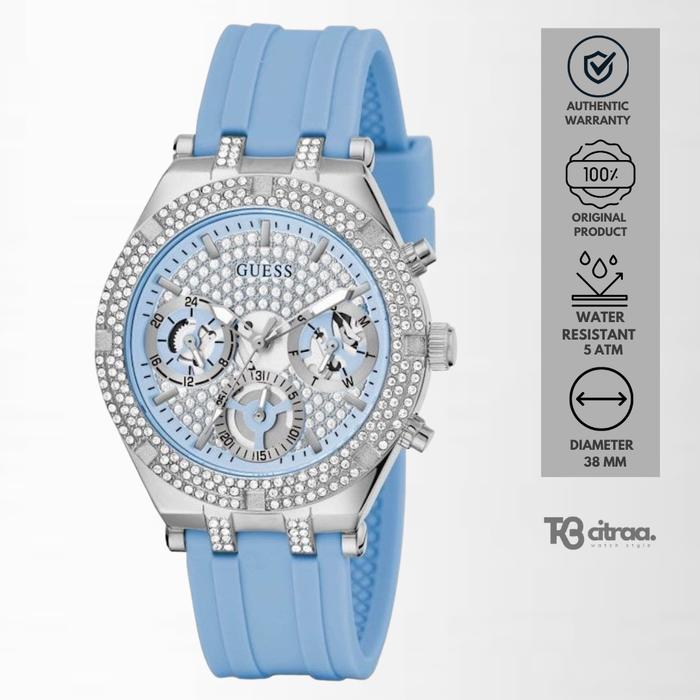 Jam Tangan Wanita Guess Heiress Chronograph Dual Tone Glitz Dial Blue Rubber Silicone Mewah Casual O