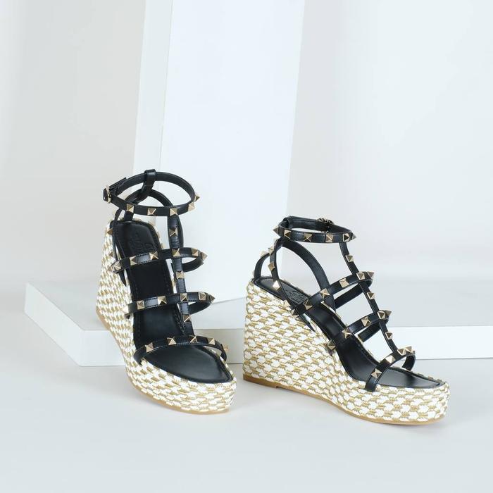Valentino Rockstud Calfskin Wedges Sandal Platino Black