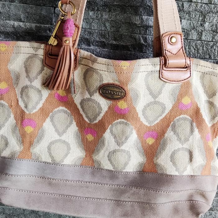 Preloved Tas Fossil Canvas Tote Handbag Aztec Boho Top Handles Key Logo Zipper Pockets