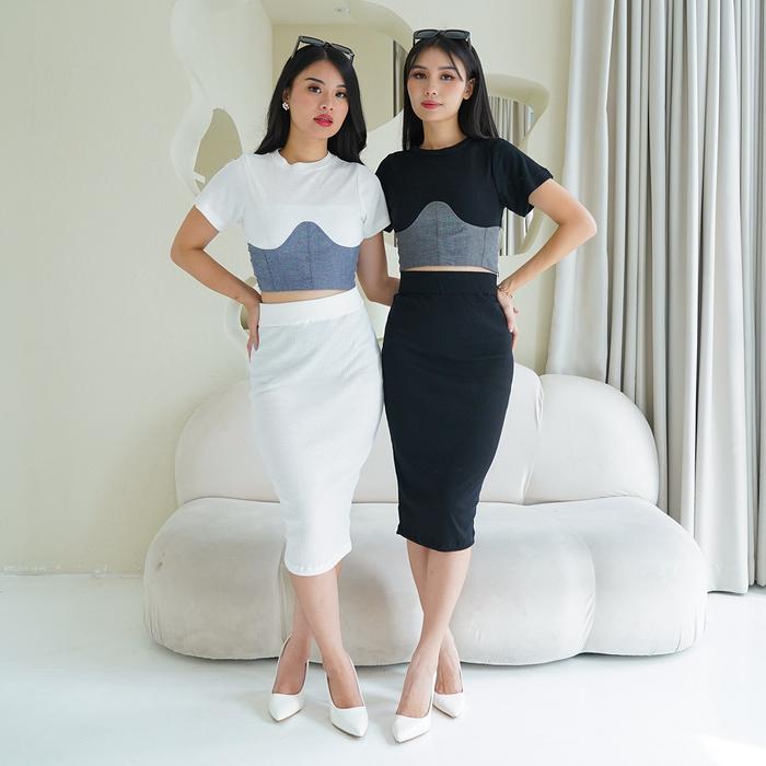 Primerea One Set Denim Knit Baju Setelan Crop Top Rok Span Rajut Wanita Bodycon
