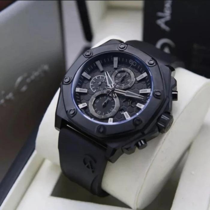 JAM TANGAN PRIA ORIGINAL ALEXANDRE CHRISTIE AC9601MC ALL BLACK RUBBER LEATHER