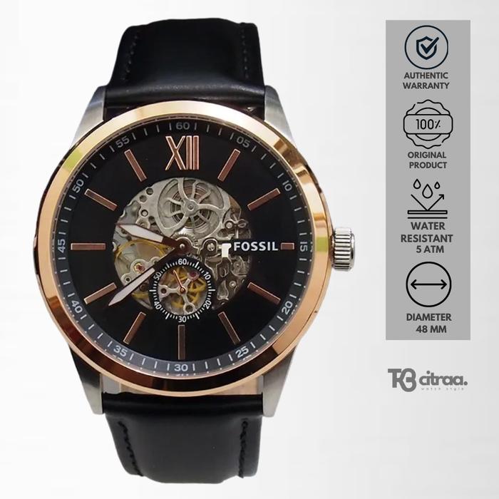 Jam Tangan Fossil Flynn Automatic Pria Kulit Black Casual Original BQ2216