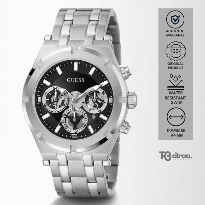 Jam Tangan Pria Guess Continental Chronograph Stainless Steel Sporty Silver Dial Black Mewah Origina