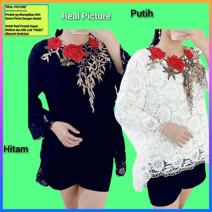 Baju Atasan Wanita Brukat Blouse Folexi Jumbo LD 100 110 Tunik Modern Putih