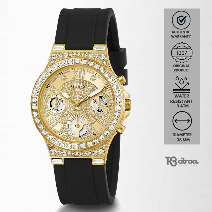Jam Tangan Guess Wanita Moonlight Glitz Black Rubber Gold Dial Mewah Casual Original GW0257L1