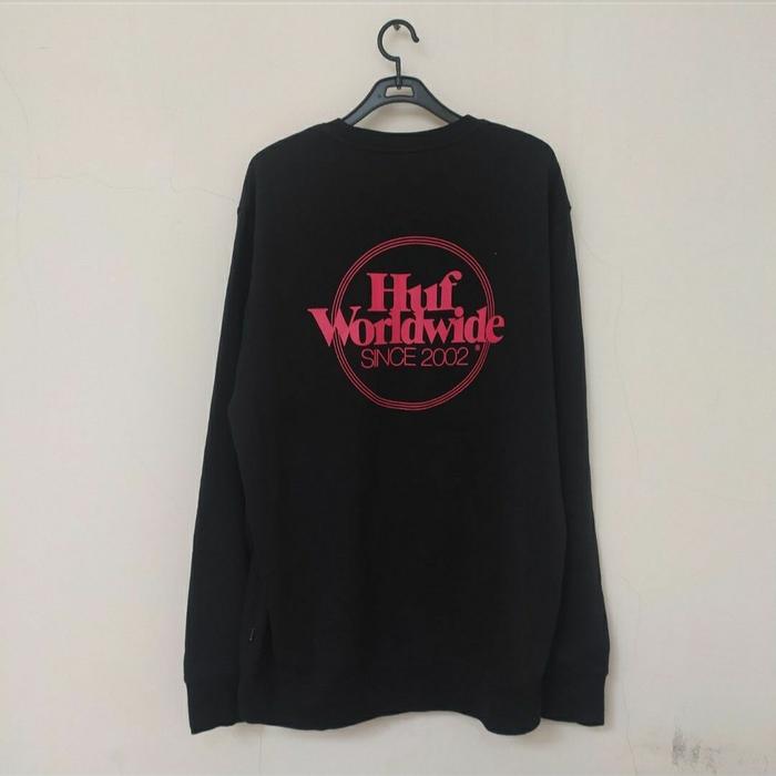 HUF Worldwide Since 2002 Black Red Crewneck Sweater Streetwear not Vintage Obey