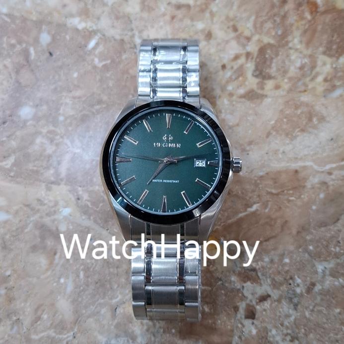 JAM TANGAN HEGNER 1678 HW1678 HW 1678 MEN ANALOG QUARTZ MOVEMENT GREEN DIAL STAINLESS STEEL STRAP OR