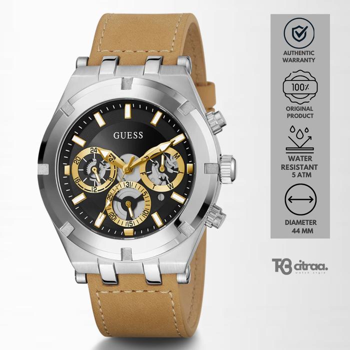Jam Tangan Pria Guess Continental Chronograph Kulit Brown Dial Black Sporty Casual Original GW0262G1