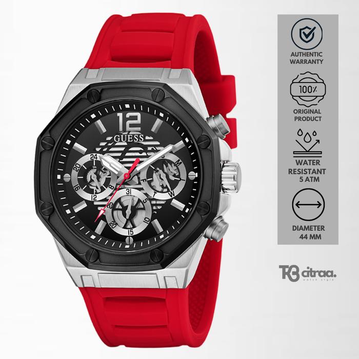 Jam Tangan Pria Guess Momentum Chronograph Red Rubber Black Dial Sporty Casual Original GW0263G3