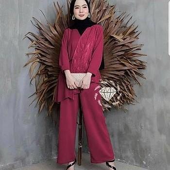 Setelan celana Paloma maroon coksu abu dusty size XL setcel baju muslim pesta brukat tile cantik pel