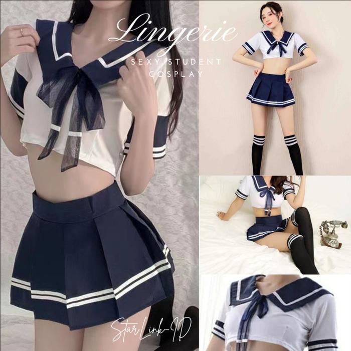 Set Lingerie Seksi Baju & Rok + G String Model Cosplay Seragam sekolah jepang