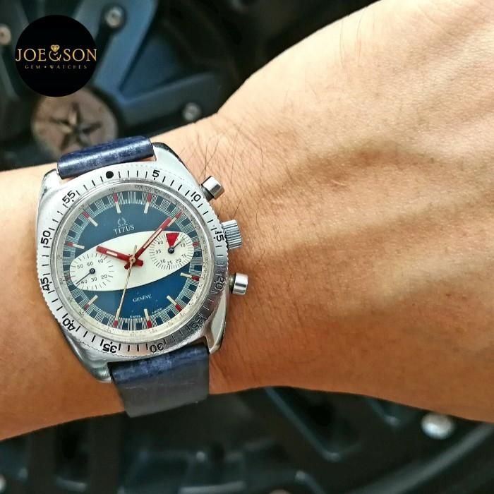 70s Vintage Titus Geneve Chronograph blue Racing ninja Dial red hands Manual Wind Valjoux 7733 speed
