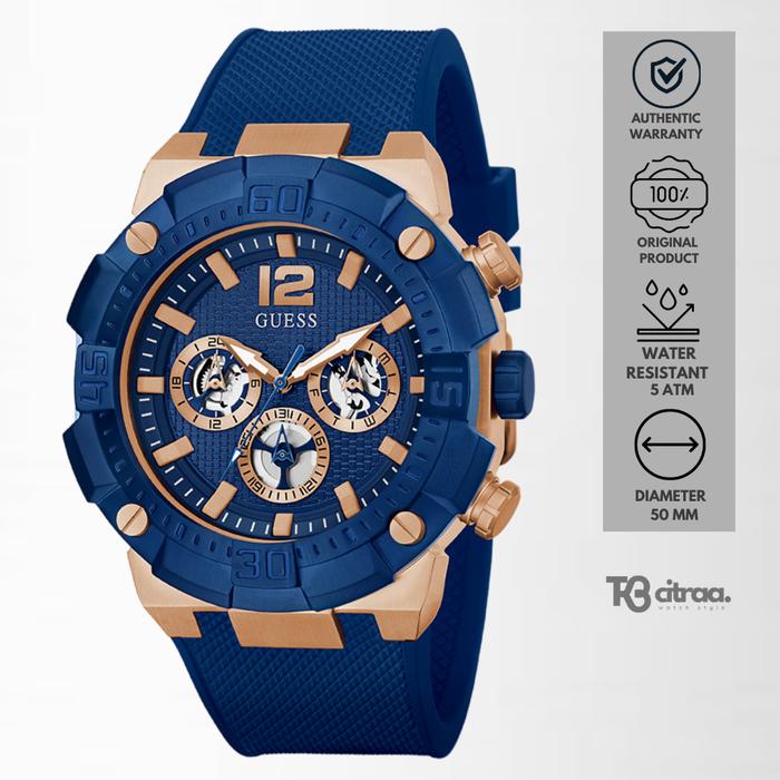Jam Tangan Pria Guess Chronograph Blue Rubber Rosegold Case Sporty Casual Original GW0264G4