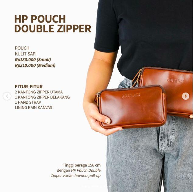 ABEKANI LEATHER HP Pouch Double Zipper Dengan Handstrap Ukuran Small & Medium Bahan Kulit Sapi Linin