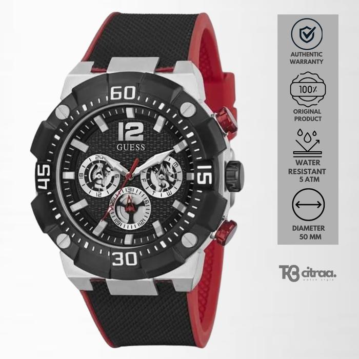 Jam Tangan Pria Guess Chronograph Black Red Rubber Sporty Casual Original GW0264G1