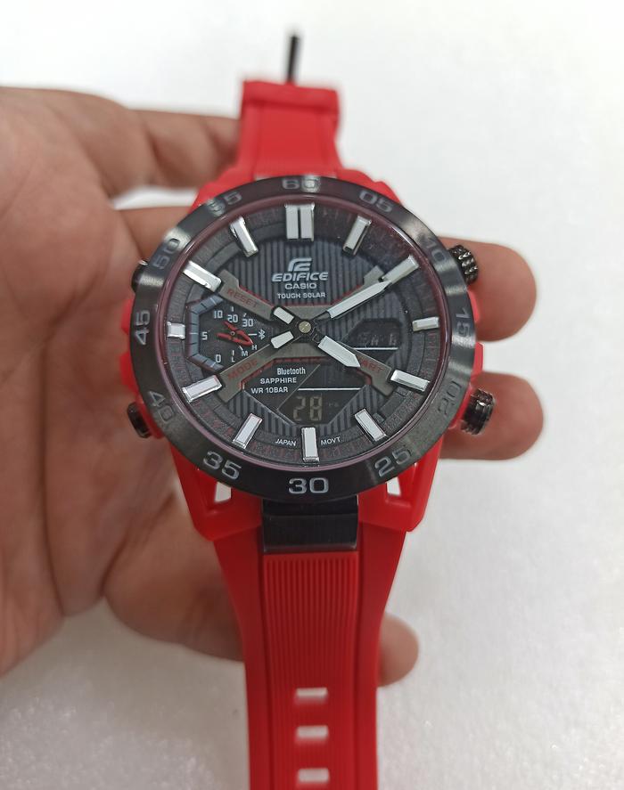 Jam Tangan Pria Casio EDIFICE ECB-2000 Sospensione Dual Time Black Red Rubber