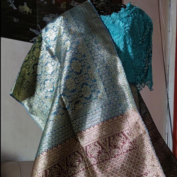 HARGA TURUN NYUNGSEP - Songket Palembang ATBM Set Motif BUNGA CINA, Cantik Manis Warna BIRU TOSCA - 