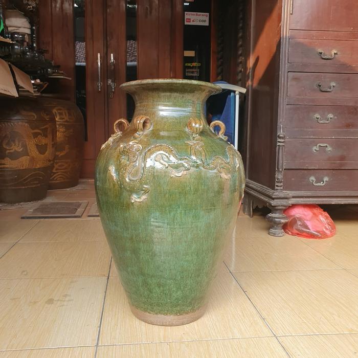 guci gentong cina hijau siam antik original tua motif naga timbul era dinasti