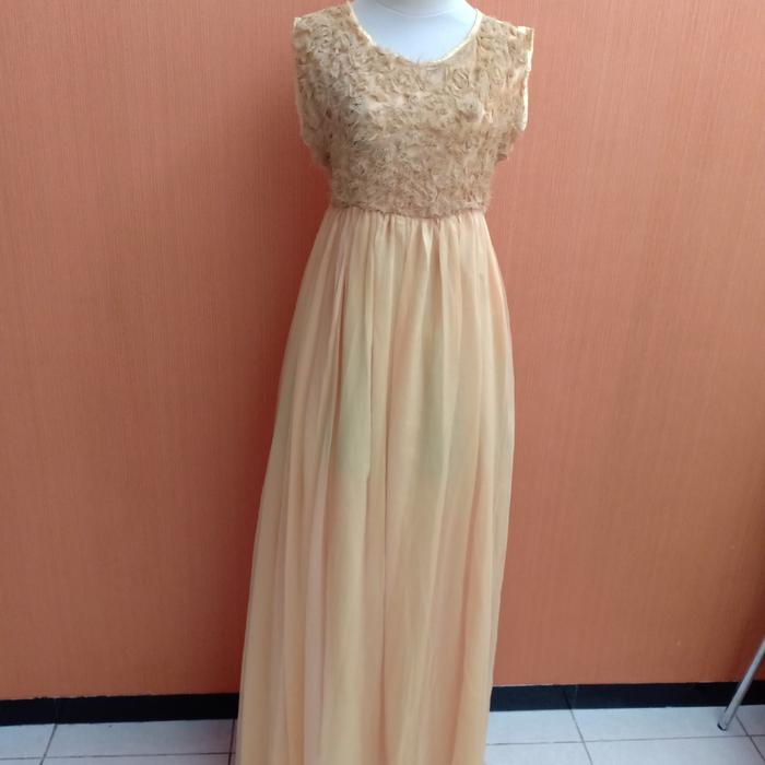 GAUN maxi long dress wanita kuning SAQILA cewek L kutung MEWAH tali pinggang belakang bisa untuk mat