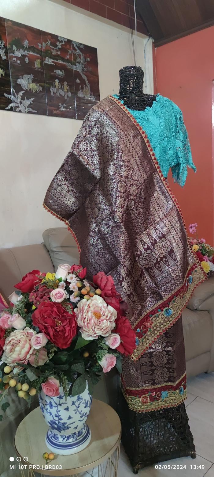 HARGA TURUN NYUNGSEP - Songket Palembang ATBM Set Motif BUNGA CINA, Cantik Manis Warna COKLAT - BORD