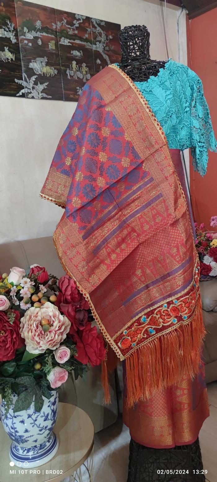 HARGA TURUN NYUNGSEP - Songket Palembang ATBM Set Motif BUNGA CINA, Cantik Manis Warna MERAH-BIRU - 