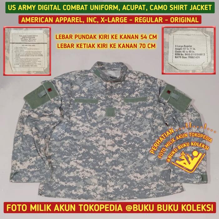 US ARMY DIGITAL COMBAT UNIFORM - ACUPAT CAMO SHIRT JACKET RIPSTOP, AMERICAN APPAREL INC. X-LARGE REG