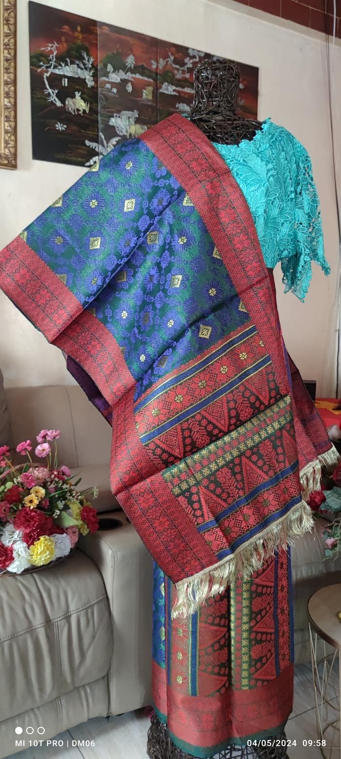 HARGA TURUN NYUNGSEP - Songket Palembang ATBM Set Motif BUNGA CINA BIRU KOMBINASI HIJAU , Warna DASA