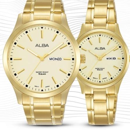 JAM TANGAN ALBA PRIA DAN WANITA ALBA COUPLE ORIGINAL PASANGAN GOLD/EMAS ALBA AJ6158 DAN ALBA AN8054 