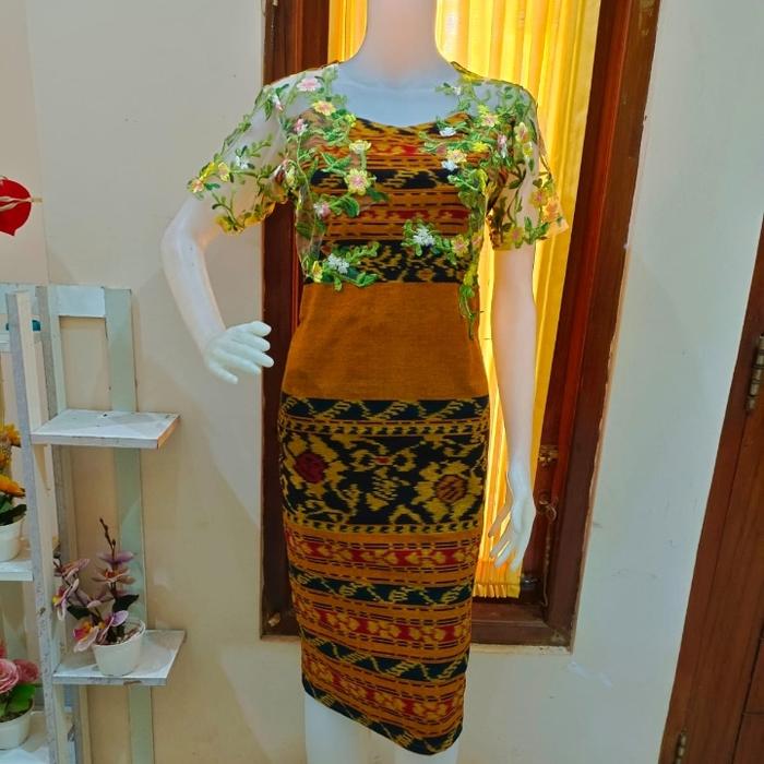 midi dress tenun motif sabu kuning kunyit mix brokat garden