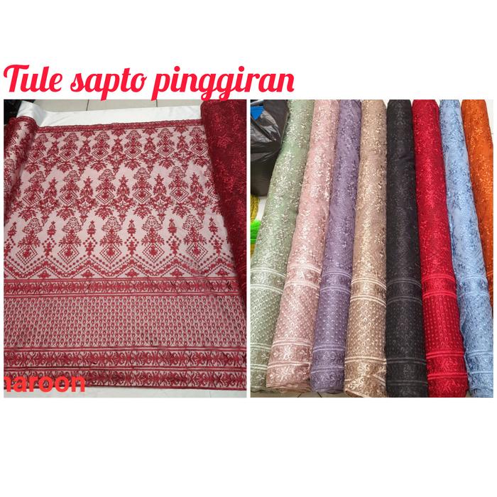 Kain tile Brokat bordir Tule motif padi Bahan kebay tile motif_Biru