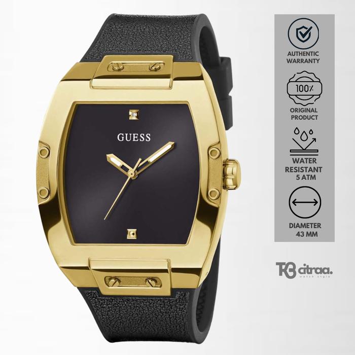 Jam Tangan Pria Guess Phoenix Black Leather with Sillicone Gold Case Sporty Casual Original GW0386G3