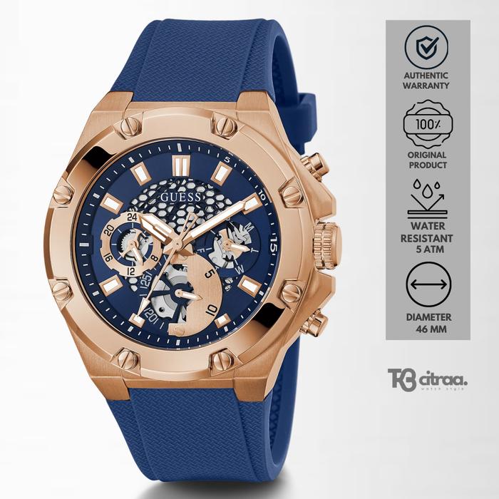 Jam Tangan Pria Guess Third Gear Chronograph Blue Rubber Rosegold Case Sporty Casual Original GW0334