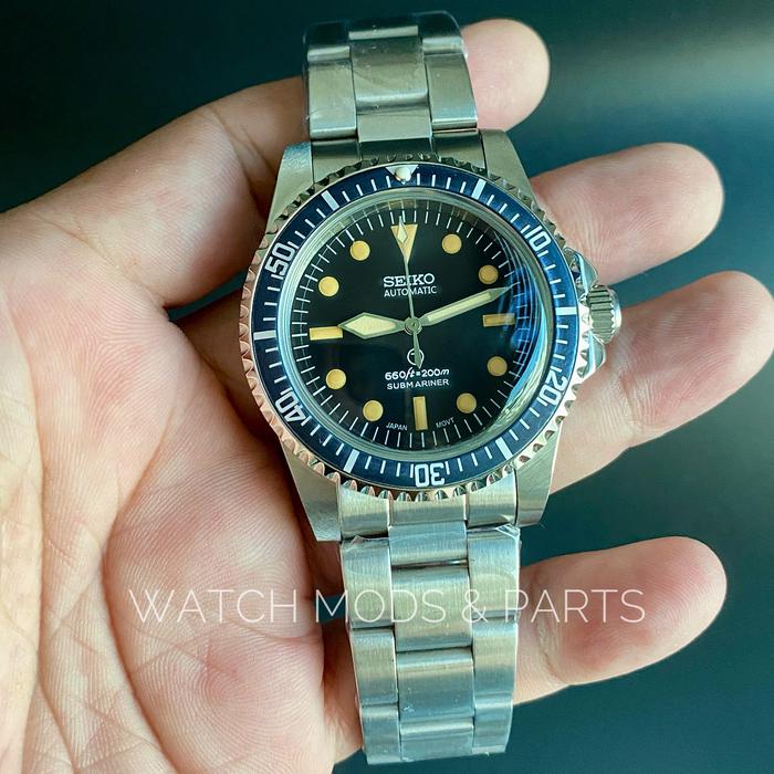 WMNP Seiko Jam Tangan Milsub 5517 Homage dengan Bezel Vintage Aging & Kaca Melengkung Akrilik Crysta