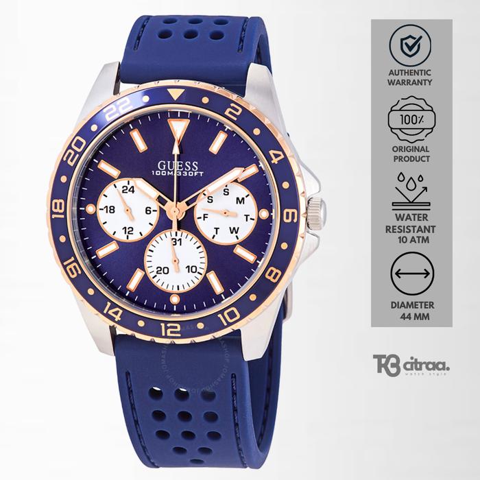 Jam Tangan Pria Guess Analog Odyssey Chronograph Navy Blue Rubber Casual Sporty Original W1108G4