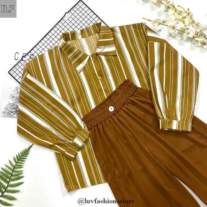 Terkini Il - Setelan Kemeja Loly Milo Motif Salur / One Set Kulot