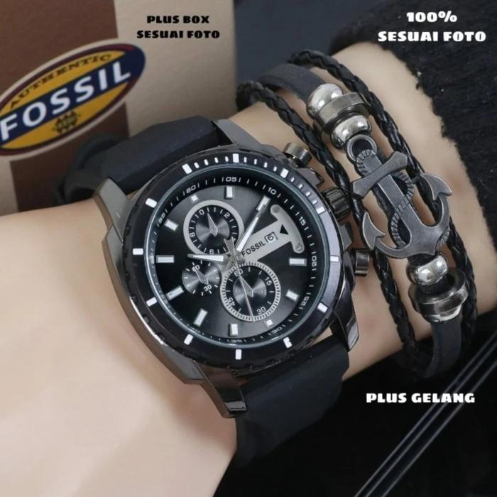 Jam Tangan Pria FOSSIL Original Strap Rubber Tggl Aktif Bonus Gelang