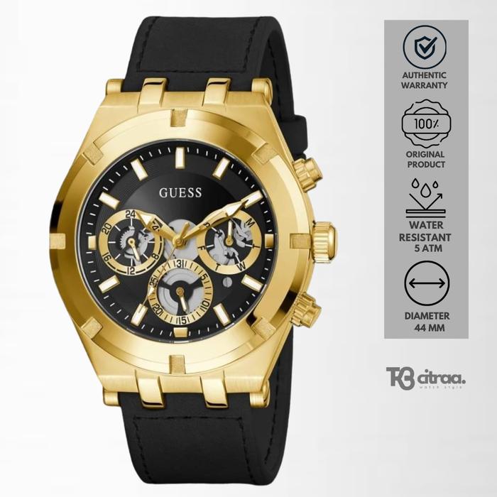 Jam Tangan Guess Continental Chronograph Kulit Black Case Gold Casual Original GW0262G2