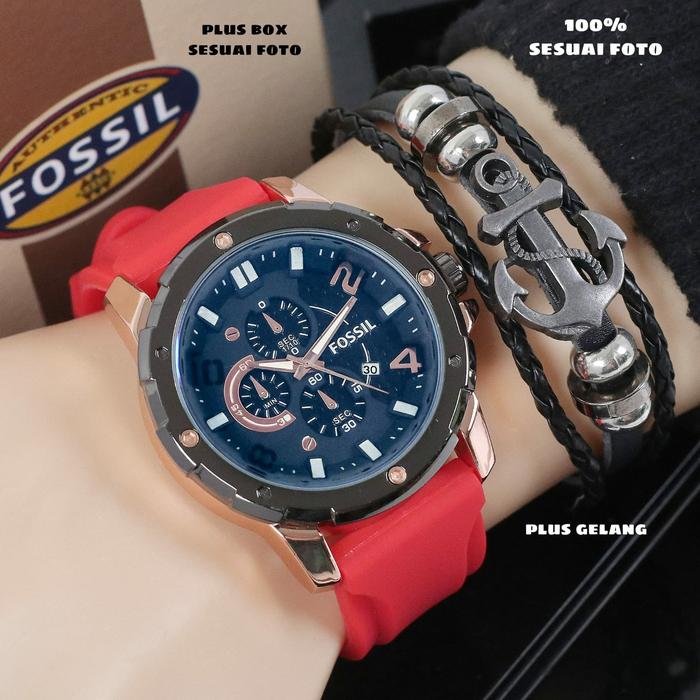 Jam Tangan Pria FOSSIL Original Strap Rubber Bonus gelang Waterproof