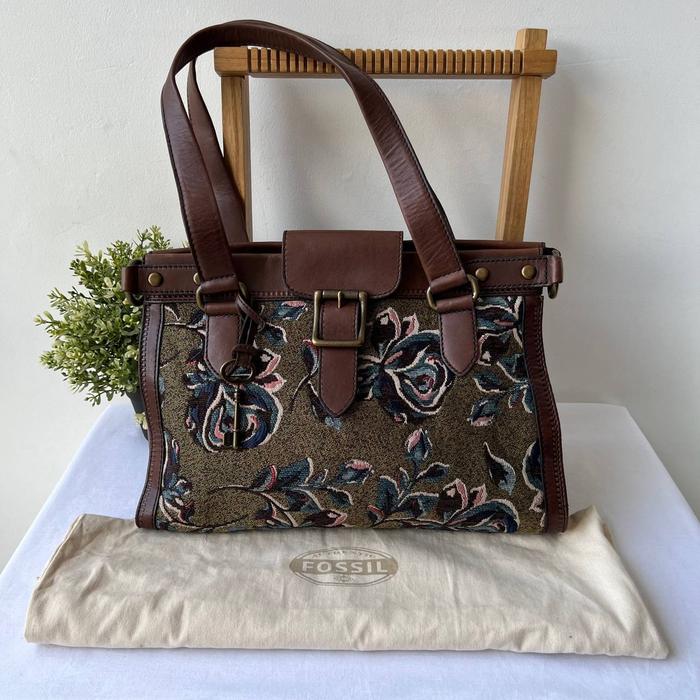 tas wanita fossil vrv ew satchel olive floral mm