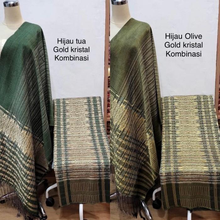 Songket Tumtuman Tarutung Tenun Tangan Pesta Adat Wanita Warna Hijau Olive