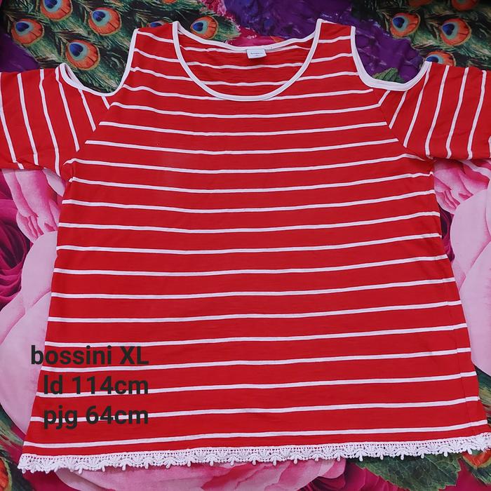 blouse kaos lengan bolong bossini merah brukat putih big size jumbo XL