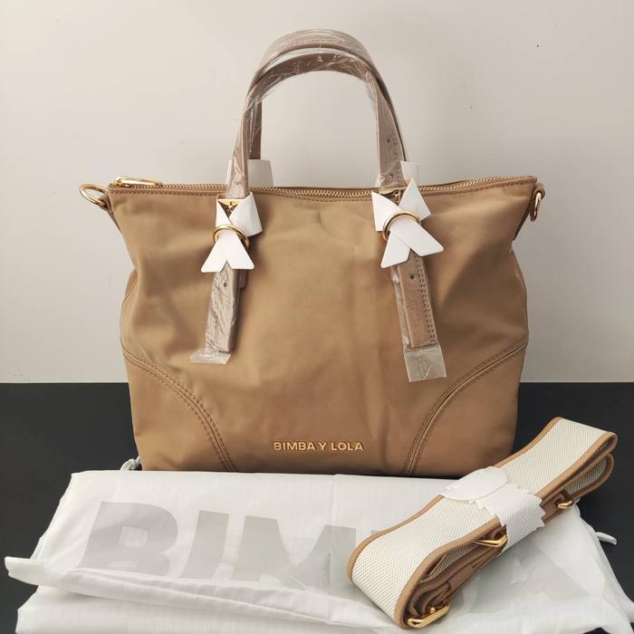 Nwt B*imba y lola bolso shopper mediano medium nylon Tostado camel tan strap lebar authentic