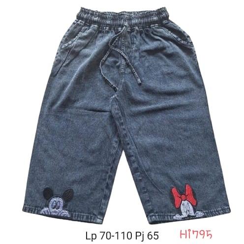 HI795 Celana Wanita Jeans 3/4 Bordir mickey minnie mouse Saku Celana Santai Karet lp110cm pj65cm bir