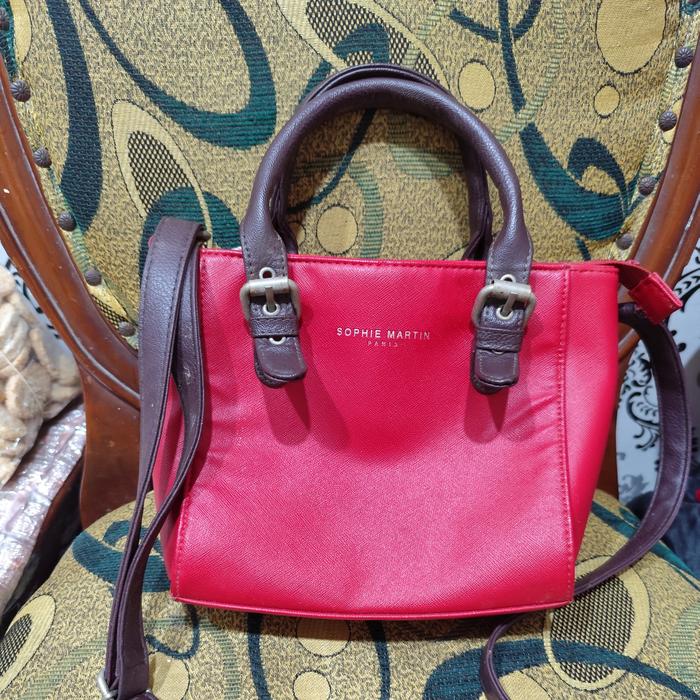 Tas Selempang vintage Sophie Martin Merah tali coklat preloved T:68cm