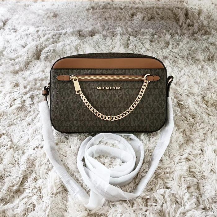tas wanita mk large ew zip chain crossbody brown ej