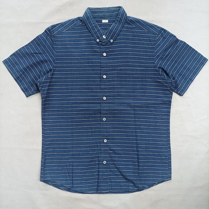 kemeja GU Japan stripes denim chambray button down shirt L
